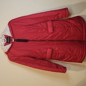 Emperio Armani Bold Red Hooded Puffer Coat. Size 42.